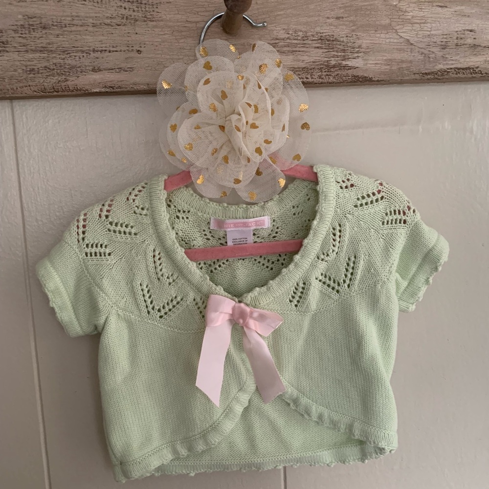 Janie and Jack Light Green Knit Sweater with Pink Bow